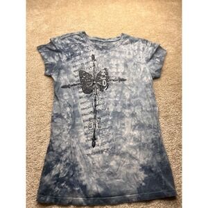 Bon Jovi 2008 Licensed Band Tee Blue Tie Dye Cross Butterfly Graphic Shirt L